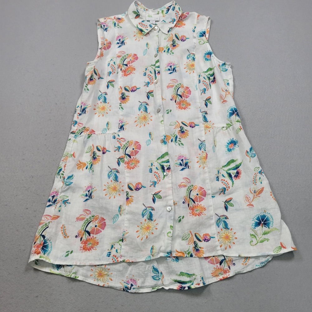 J.Jill Love Linen Sleeveless Floral Button Down Tunic Top White Small Tall